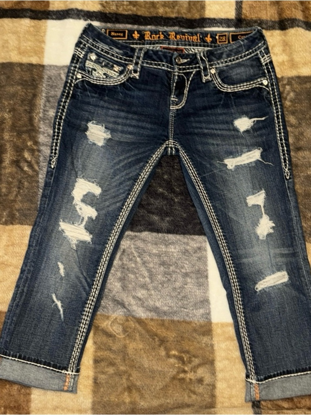Rock Revival Distressed Dark Blue Cropped Jeans
